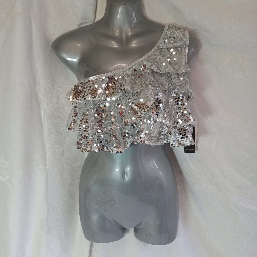 IEFiel Dance Ice Figure Skating Halter Top Ruffle Silver Sequins Size 16 New